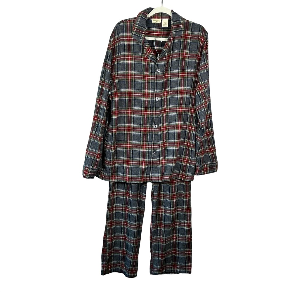 LL Bean Mens Scotch Plaid Flannel Pajama Set Grey Stewart Plaid M Tall 500668